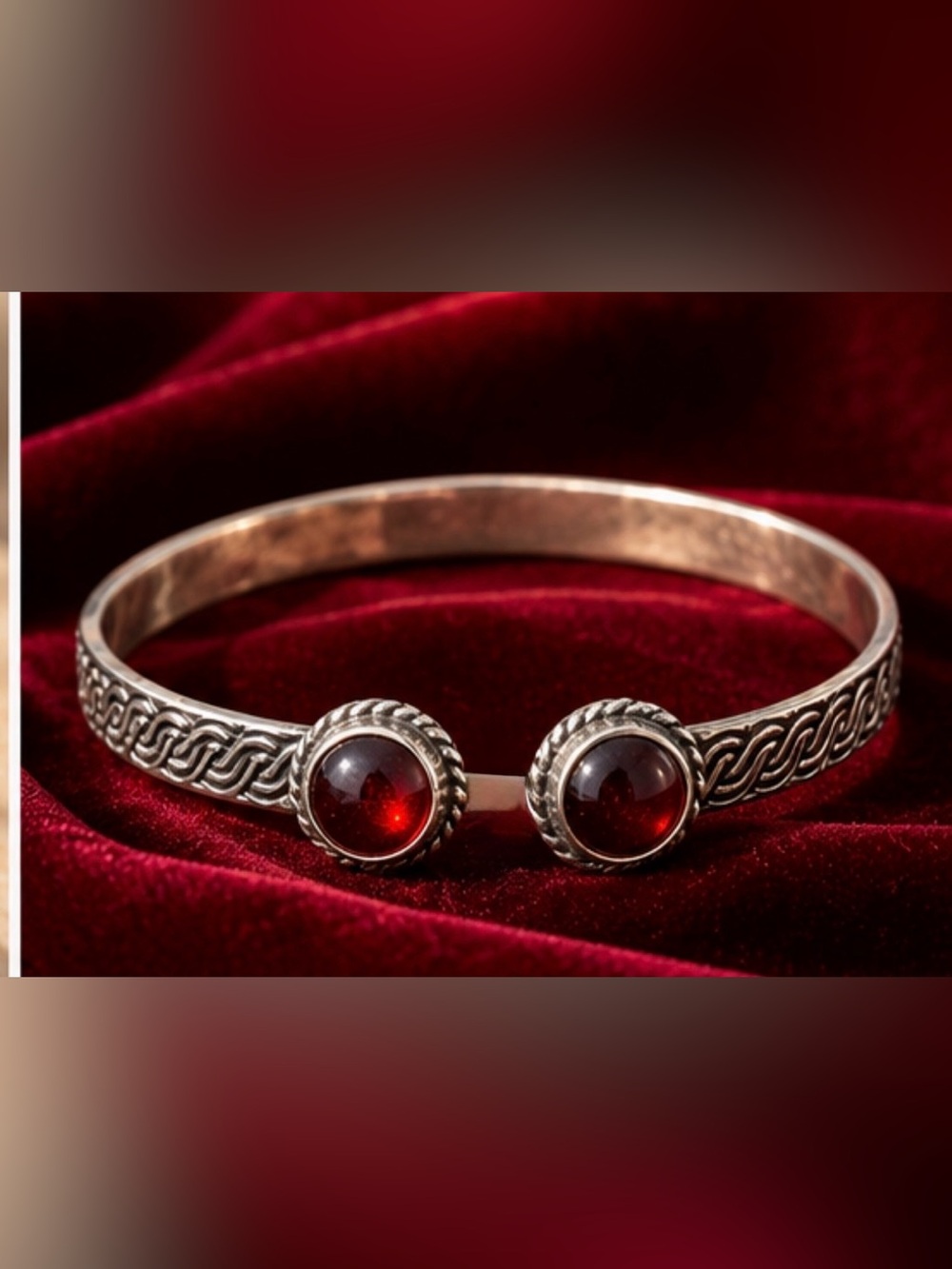 925 Sterling Silver plated Cuff Bracelet with Red Garnet-Style Stones